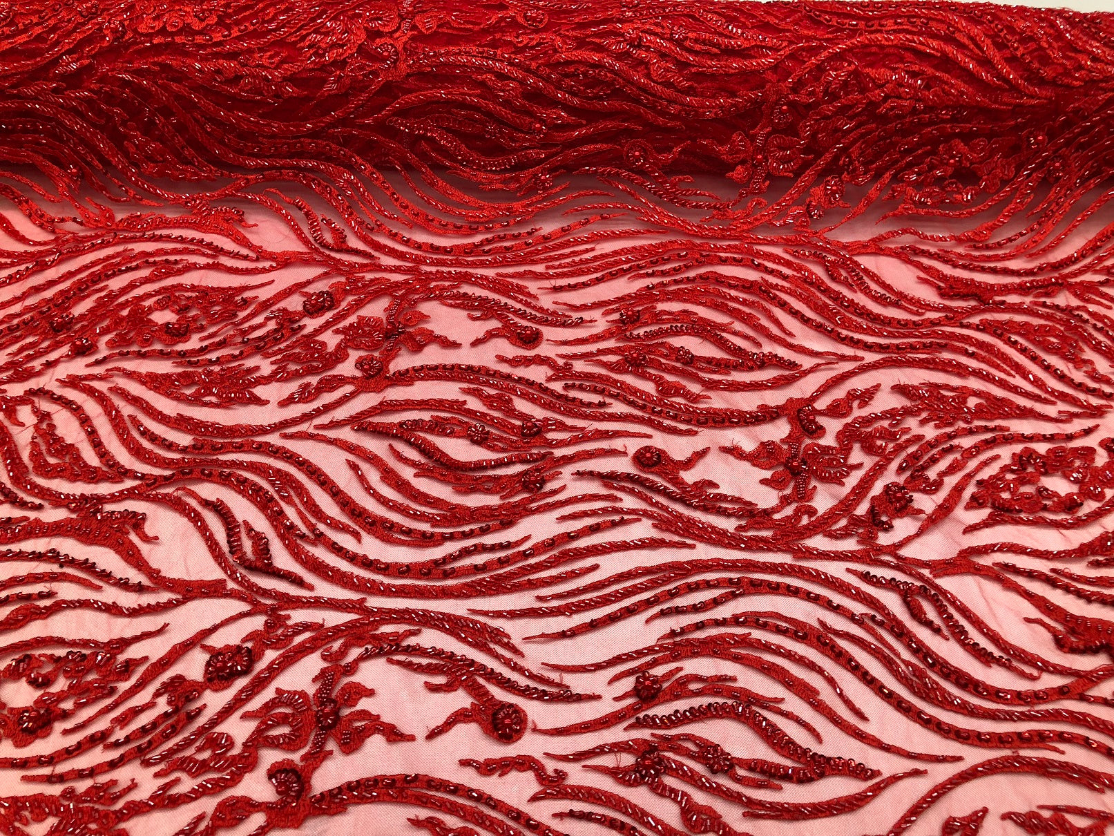 Beaded Zebra Pattern Fabric Red Embroidered Hand beaded Lace Design Fabrics By The Yard