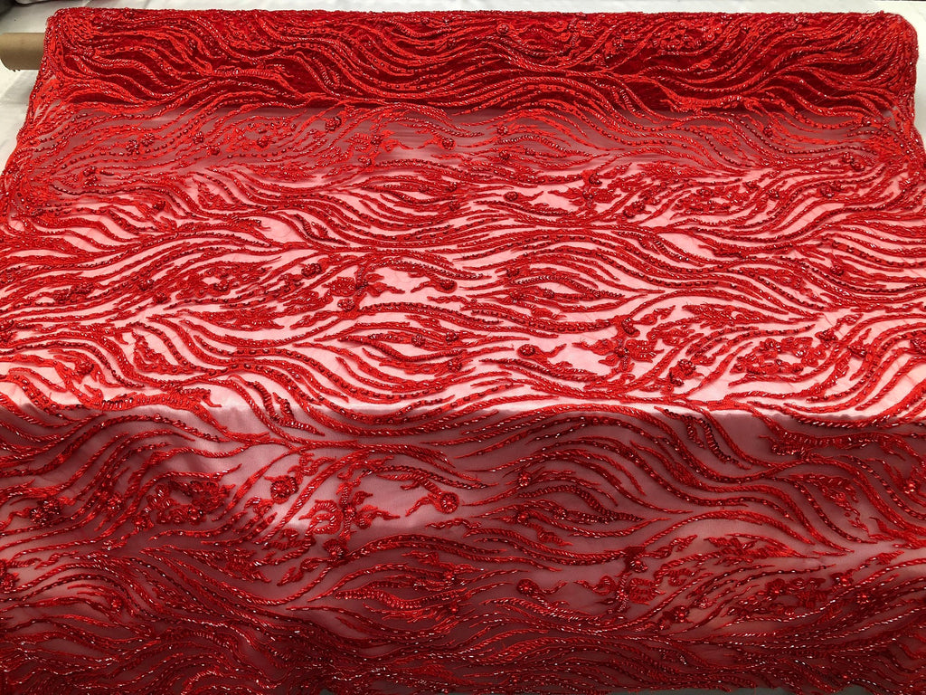 Beaded Zebra Pattern Fabric Red Embroidered Hand beaded Lace Design Fabrics By The Yard