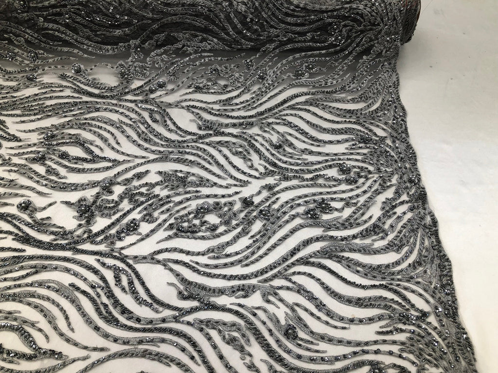 Beaded Zebra Pattern Fabric Silver Embroidered Hand beaded Lace Design Fabrics By The Yard