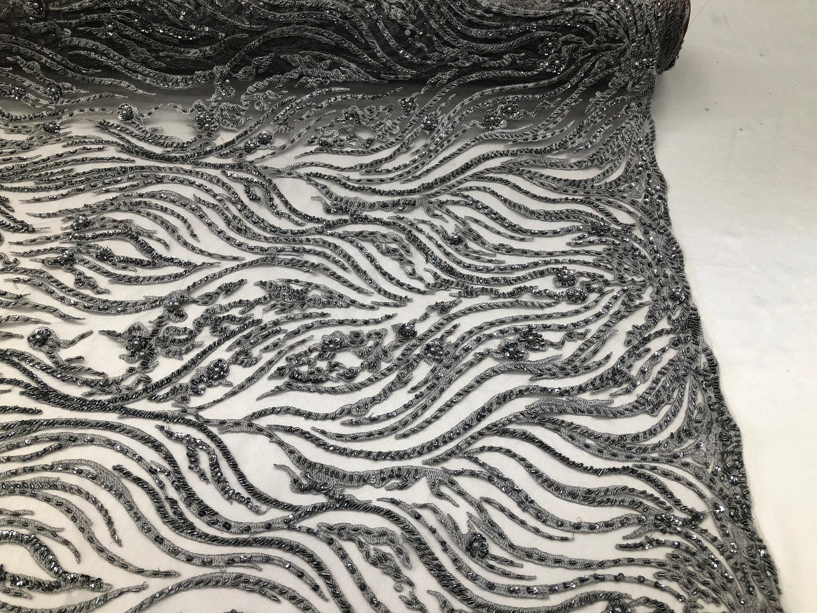 Beaded Zebra Pattern Fabric Silver Embroidered Hand beaded Lace Design Fabrics By The Yard