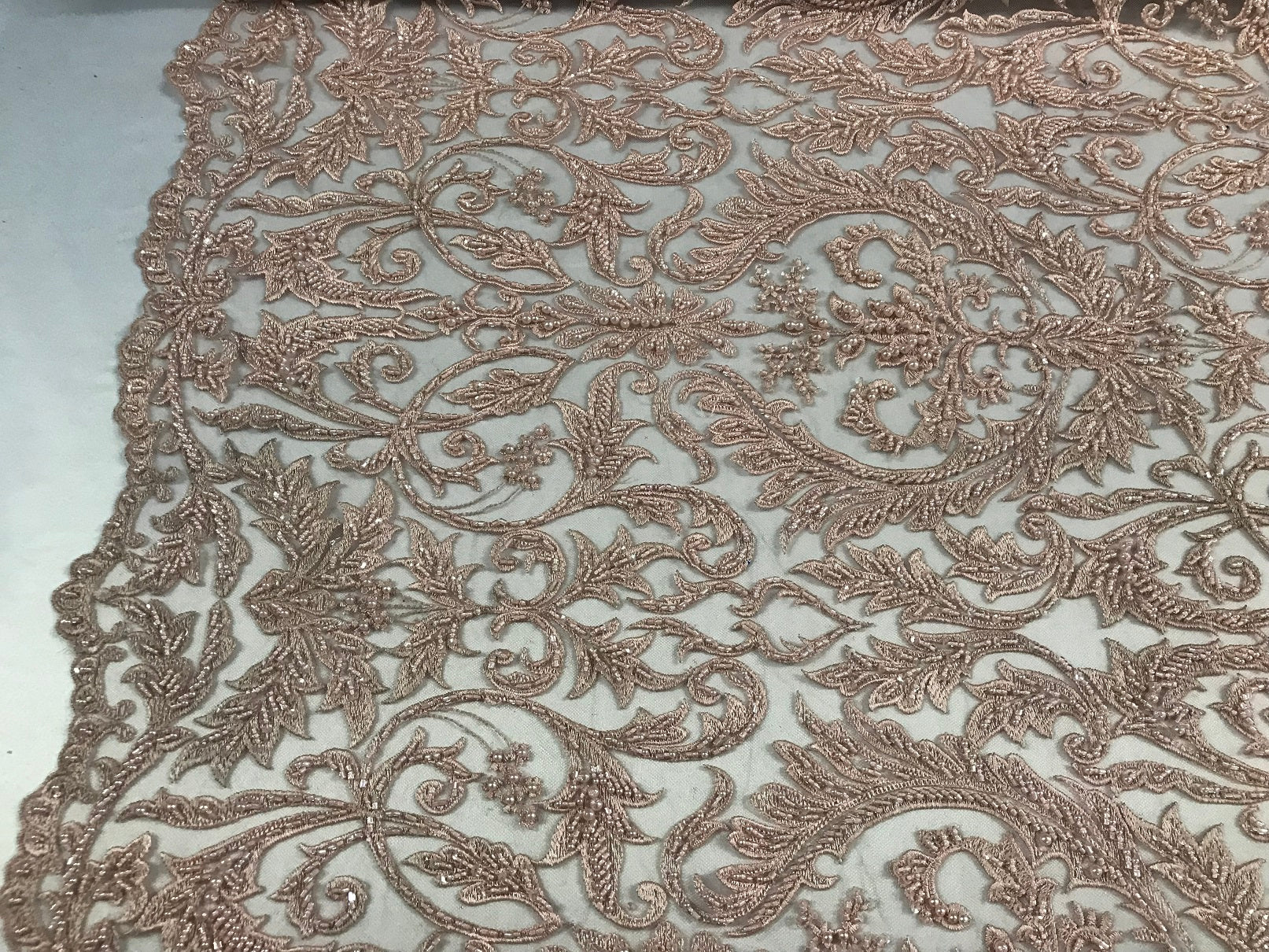 Embroided - Pink - Beaded Damask Pattern Fabric Embroidery Lace Design Fabrics Sold By The Yard