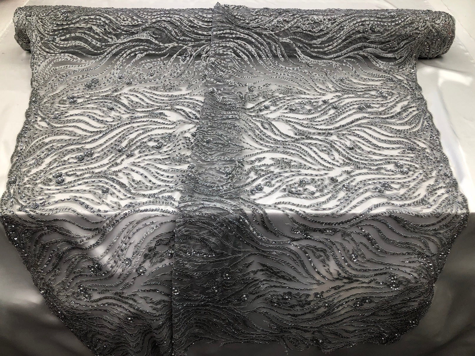 Beaded Zebra Pattern Fabric Silver Embroidered Hand beaded Lace Design Fabrics By The Yard