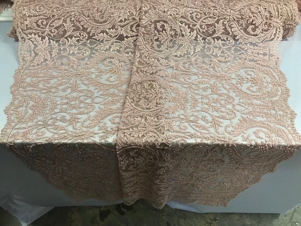 Embroided - Pink - Beaded Damask Pattern Fabric Embroidery Lace Design Fabrics Sold By The Yard