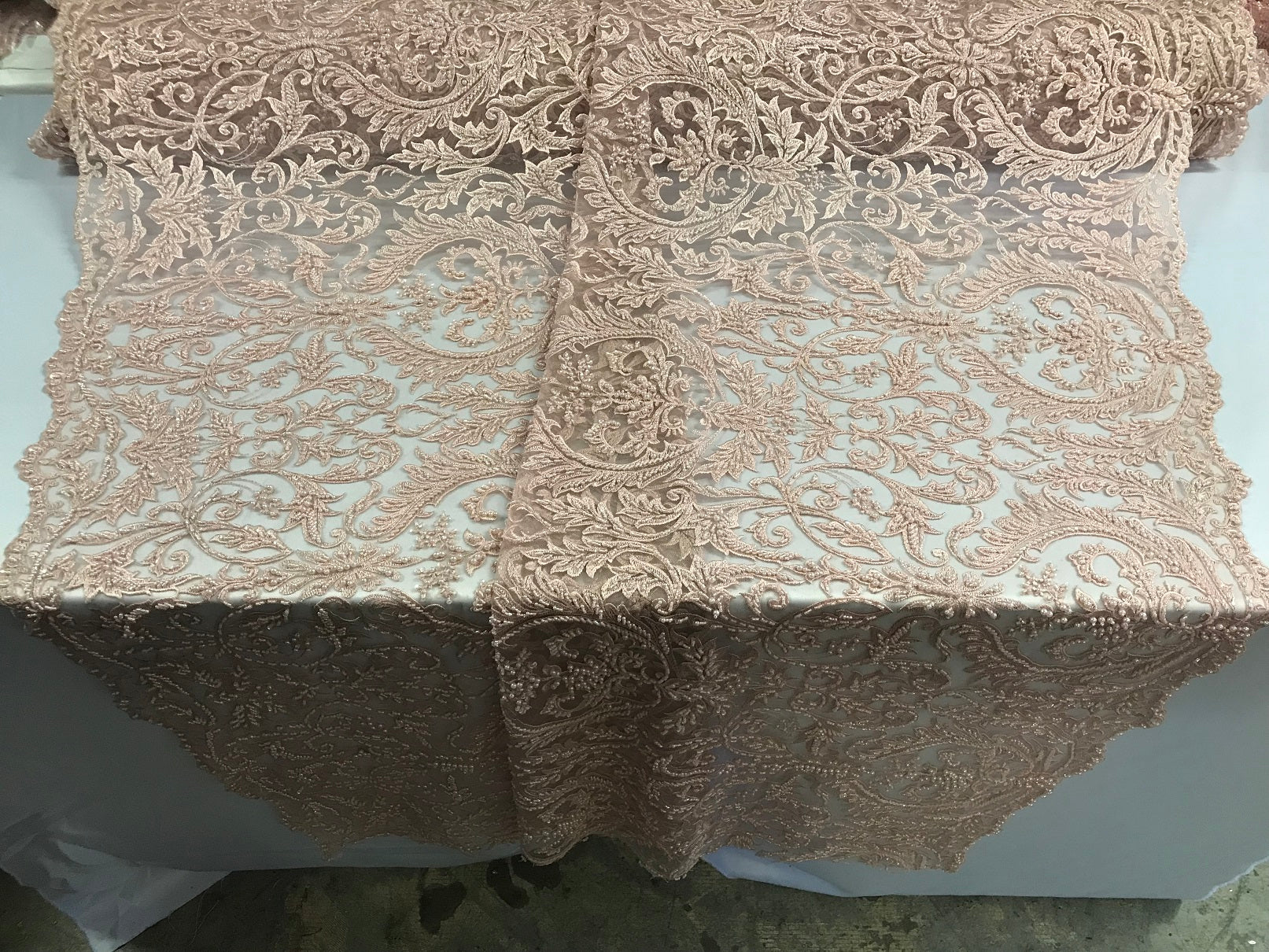 Embroided - Pink - Beaded Damask Pattern Fabric Embroidery Lace Design Fabrics Sold By The Yard
