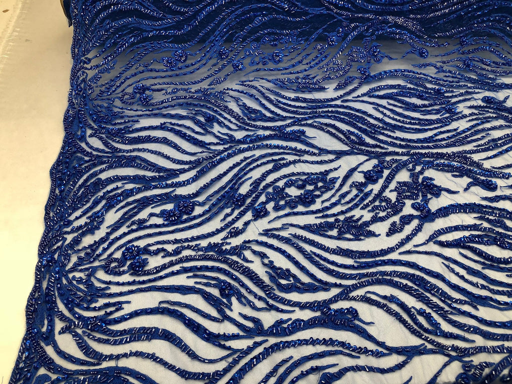 Beaded Zebra Pattern Fabric Royal Blue Embroidered Hand beaded Lace Design Fabrics By The Yard