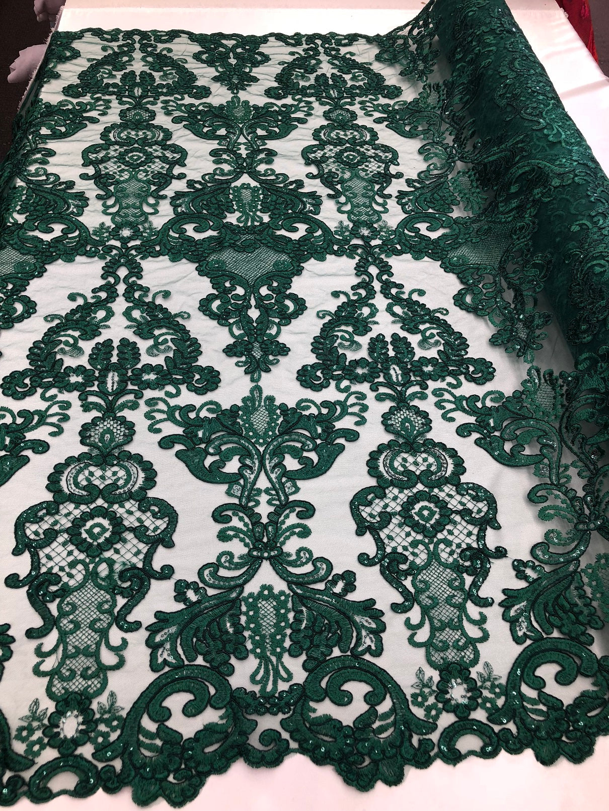 Floral - Hunter Green -Embroided Lace Fabric Damask Pattern - Beautiful Fabrics Sold by The Yard