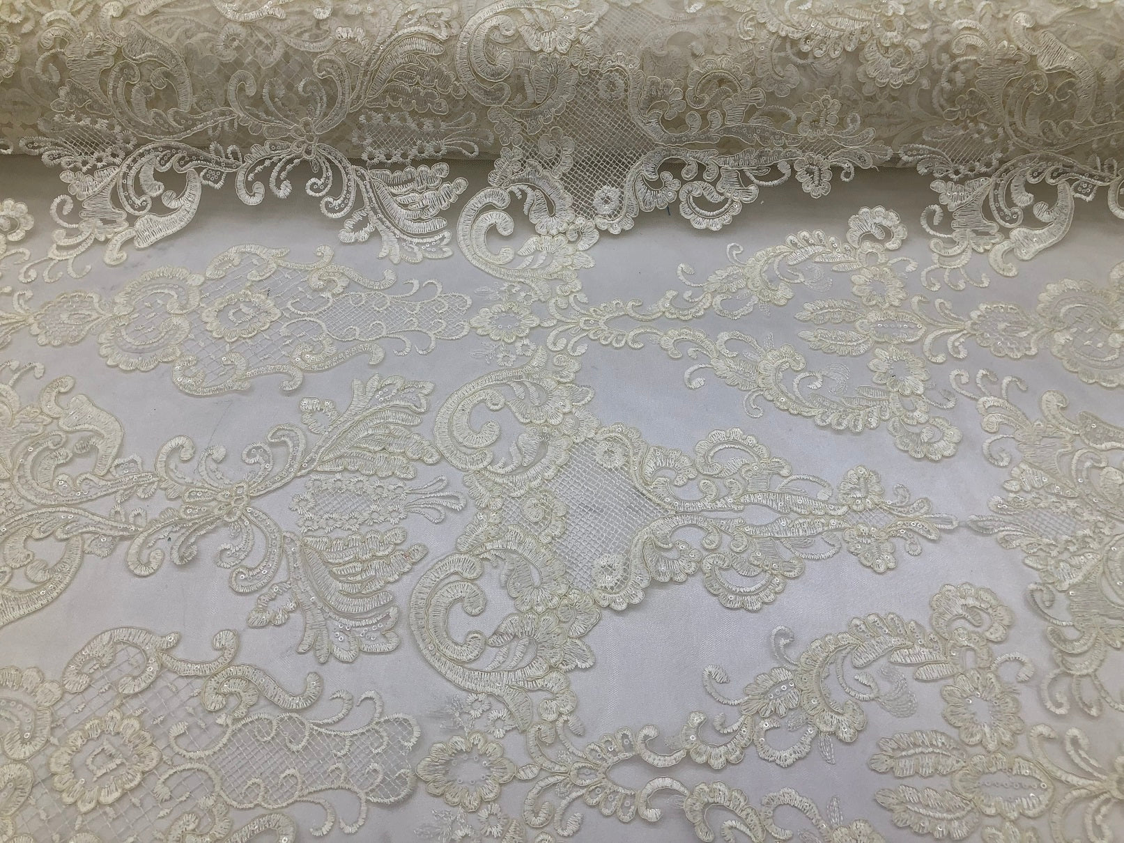 Floral - Ivory - Embroided Lace Fabric Damask Pattern - Beautiful Fabrics Sold by The Yard
