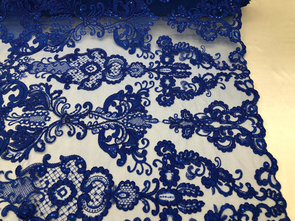Floral - Royal Blue - Embroided Lace Fabric Damask Pattern - Beautiful Fabrics Sold by The Yard