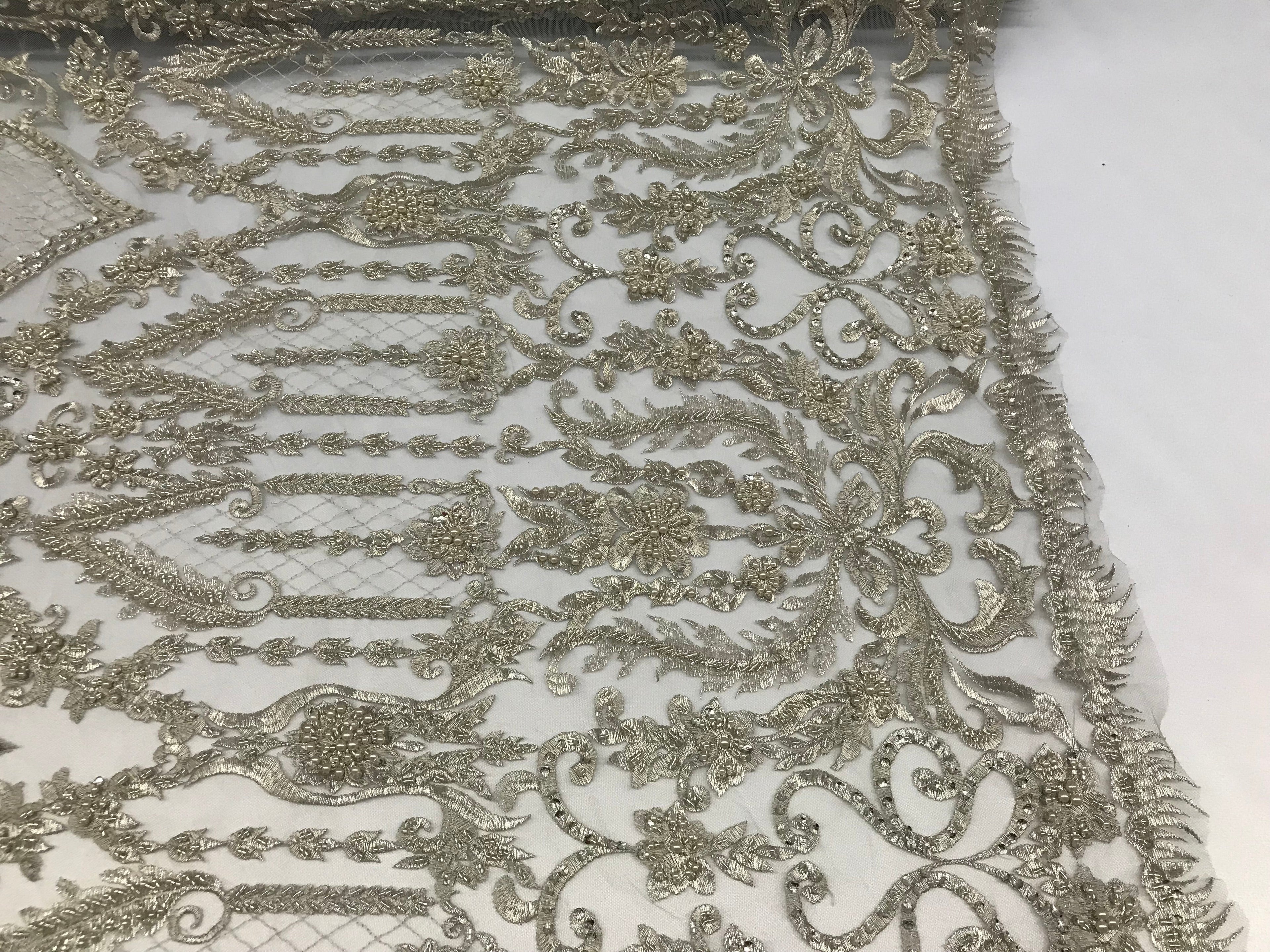 Silver Beaded Fabric Embroidered On A Mesh Lace Fancy Dress Fabric Sold By The Yard
