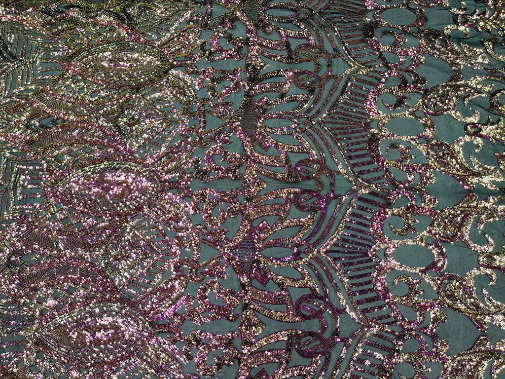 Iridescent Magenta Gold - 4 Way Stretch Embroidered Royalty Sequins Fancy Design Fabric By Yard