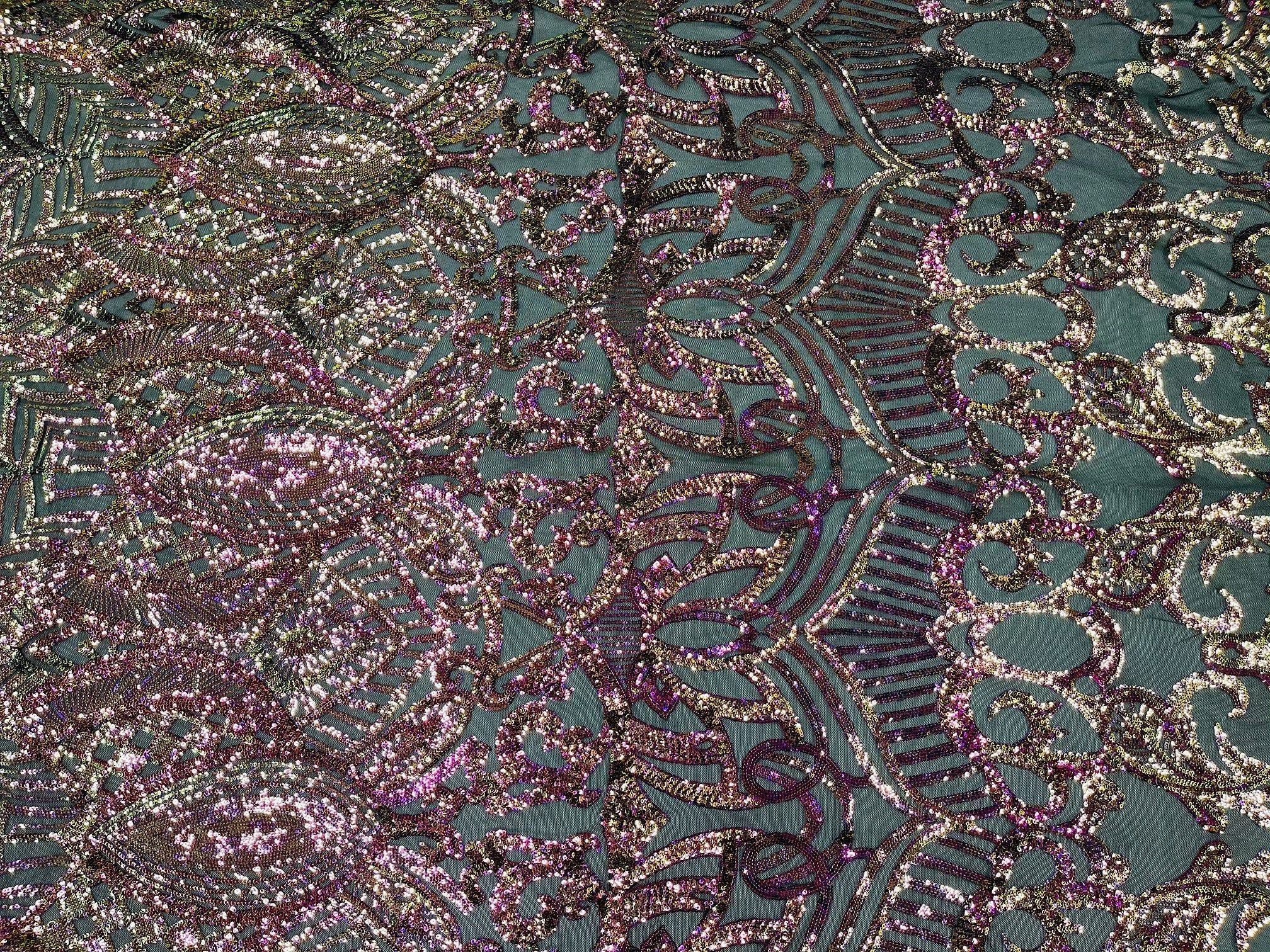 Iridescent Magenta Gold - 4 Way Stretch Embroidered Royalty Sequins Fancy Design Fabric By Yard