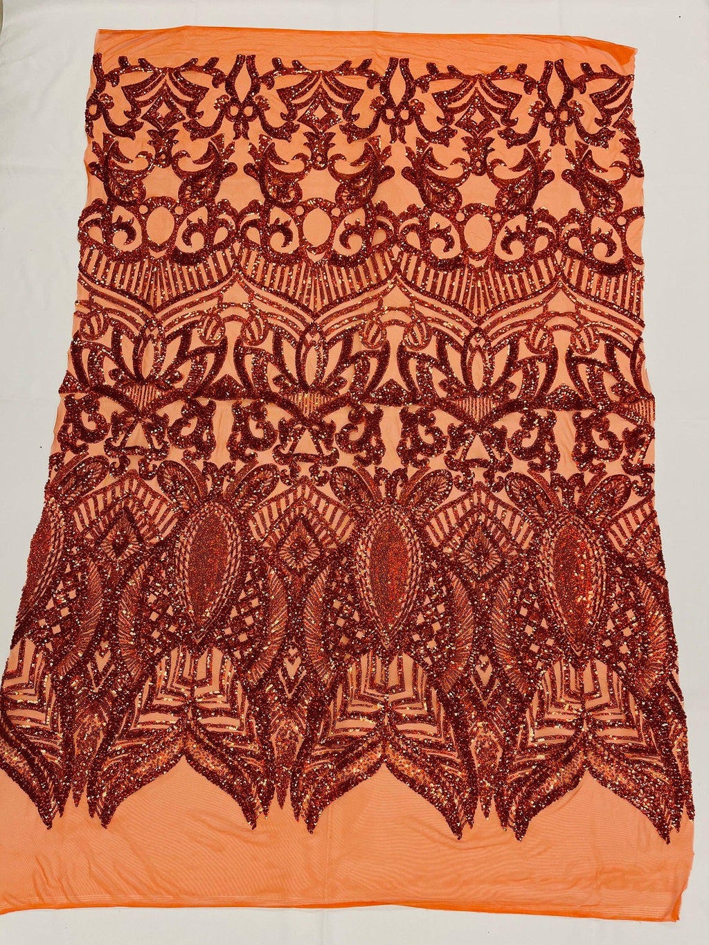 Burnt Orange Sequin - 4 Way Stretch Embroidered Royalty Sequins Fancy Design Fabric By Yard