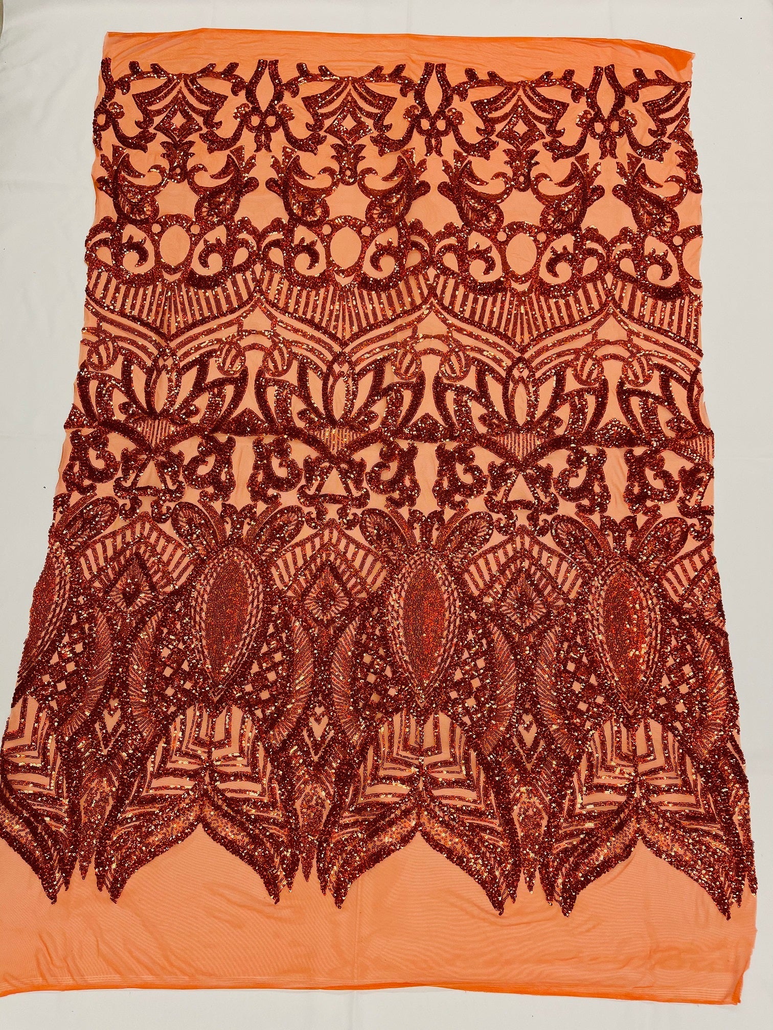 Burnt Orange Sequin - 4 Way Stretch Embroidered Royalty Sequins Fancy Design Fabric By Yard