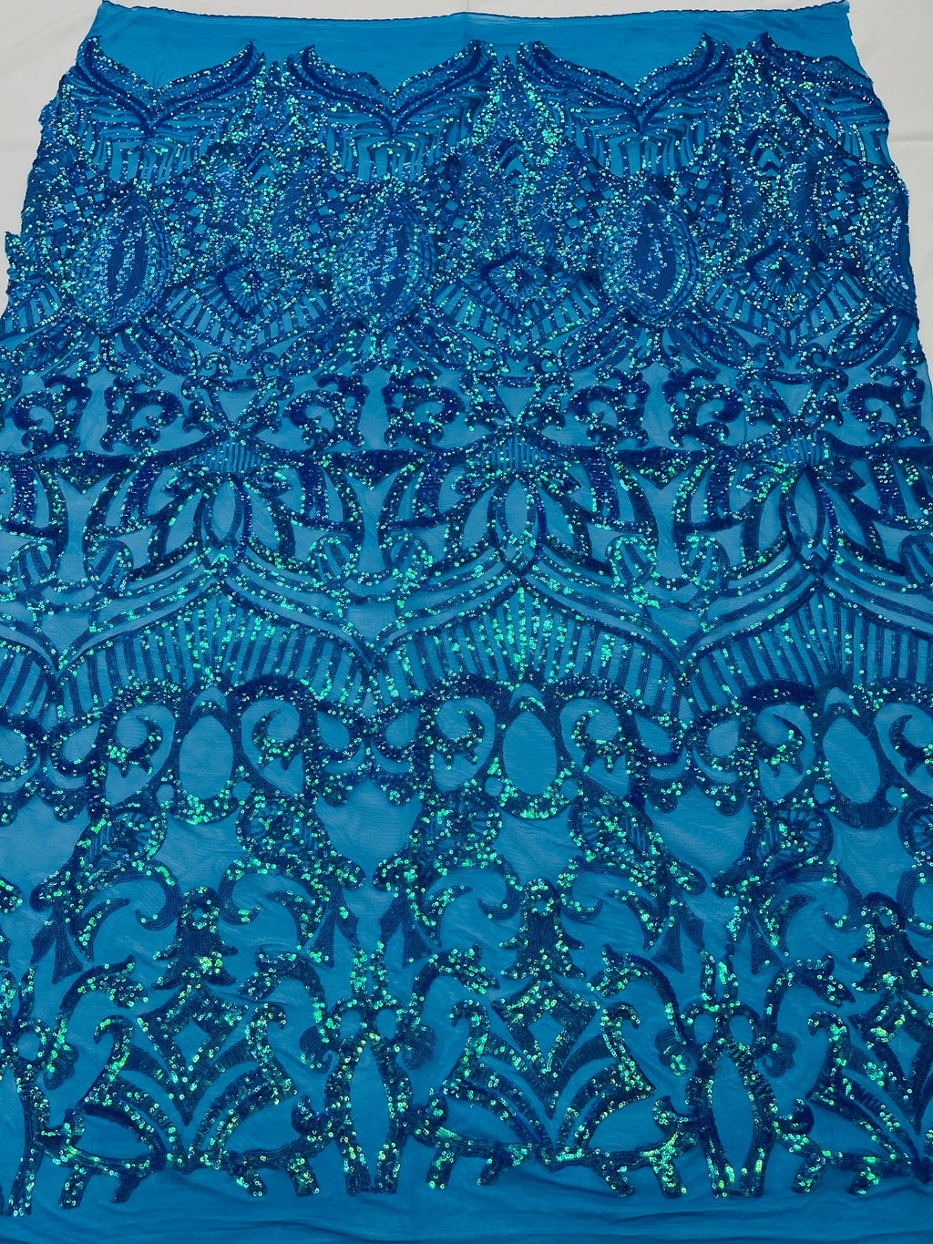 Holographic Turquoise Sequin - 4 Way Stretch Embroidered Royalty Sequins Fancy Design Fabric By Yard