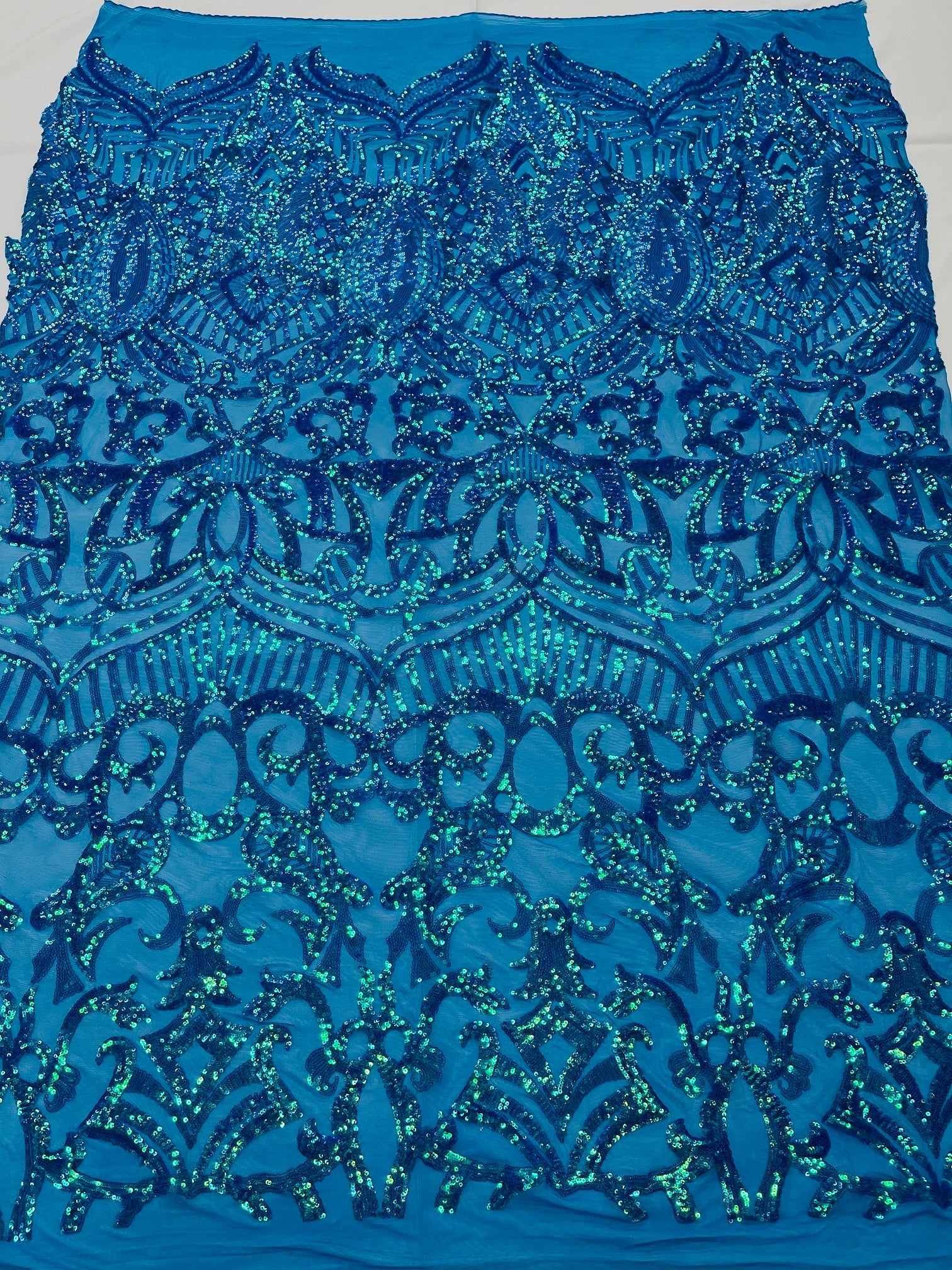 Holographic Turquoise Sequin - 4 Way Stretch Embroidered Royalty Sequins Fancy Design Fabric By Yard