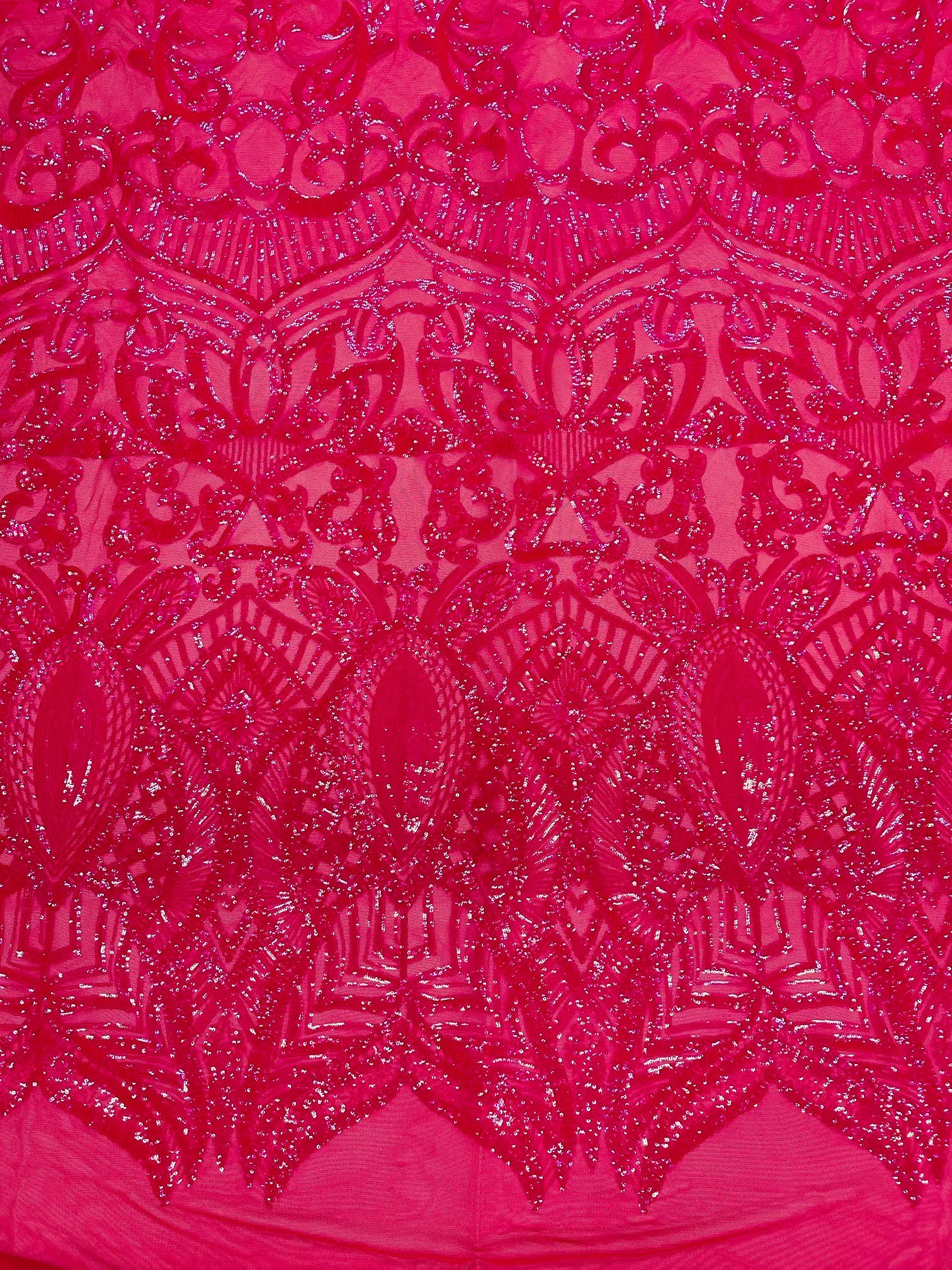 Holographic Neon Pink Sequins - 4 Way Stretch Embroidered Royalty Sequins Fancy Design Fabric By Yard