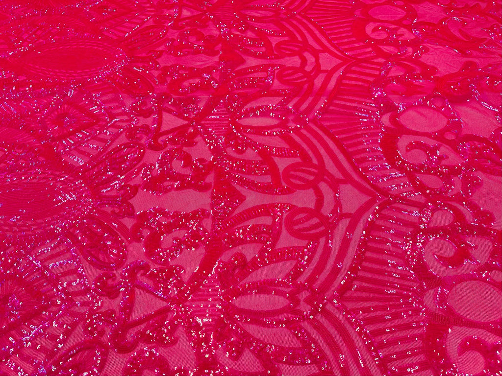 Holographic Neon Pink Sequins - 4 Way Stretch Embroidered Royalty Sequins Fancy Design Fabric By Yard