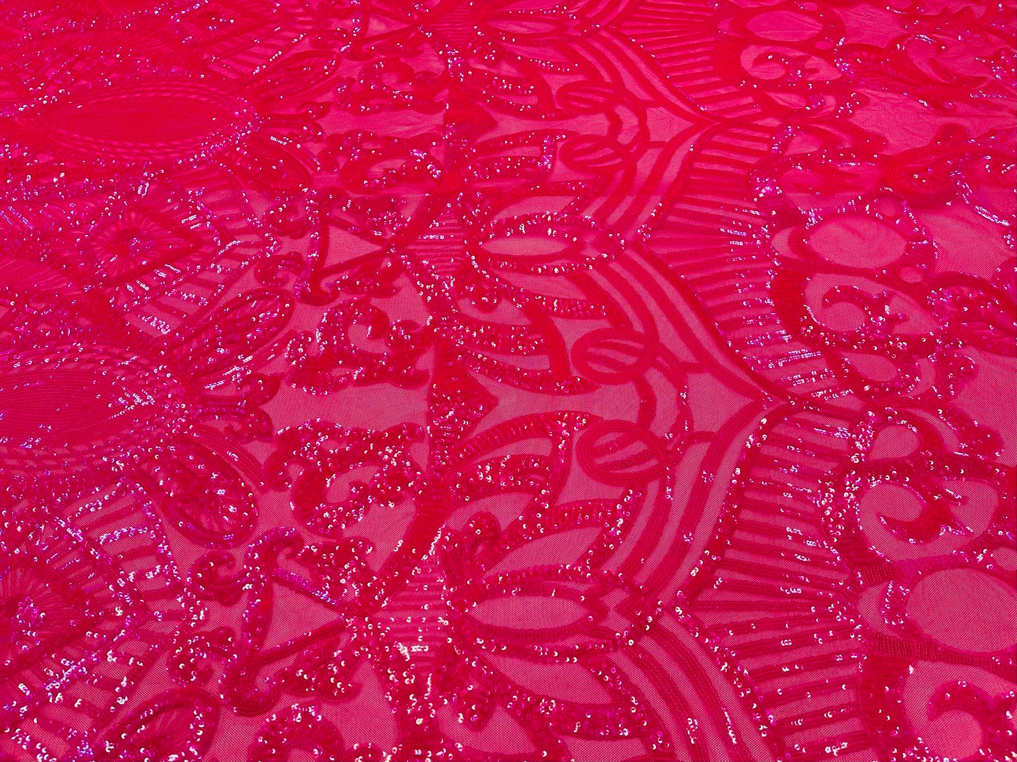 Holographic Neon Pink Sequins - 4 Way Stretch Embroidered Royalty Sequins Fancy Design Fabric By Yard