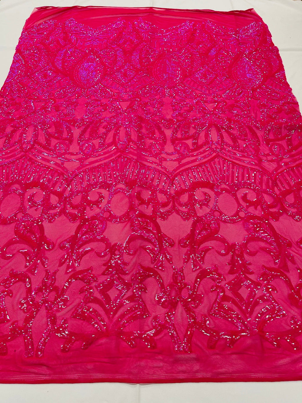 Holographic Neon Pink Sequins - 4 Way Stretch Embroidered Royalty Sequins Fancy Design Fabric By Yard