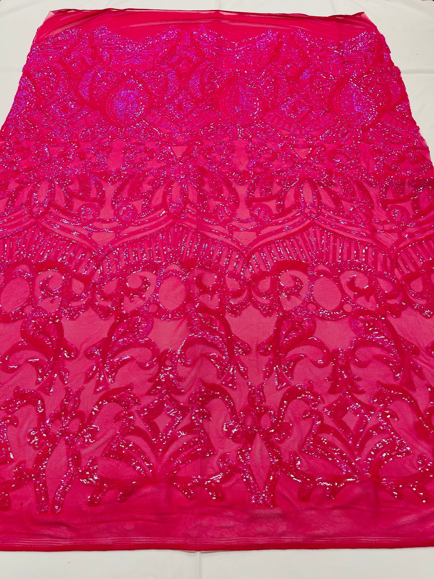 Holographic Neon Pink Sequins - 4 Way Stretch Embroidered Royalty Sequins Fancy Design Fabric By Yard
