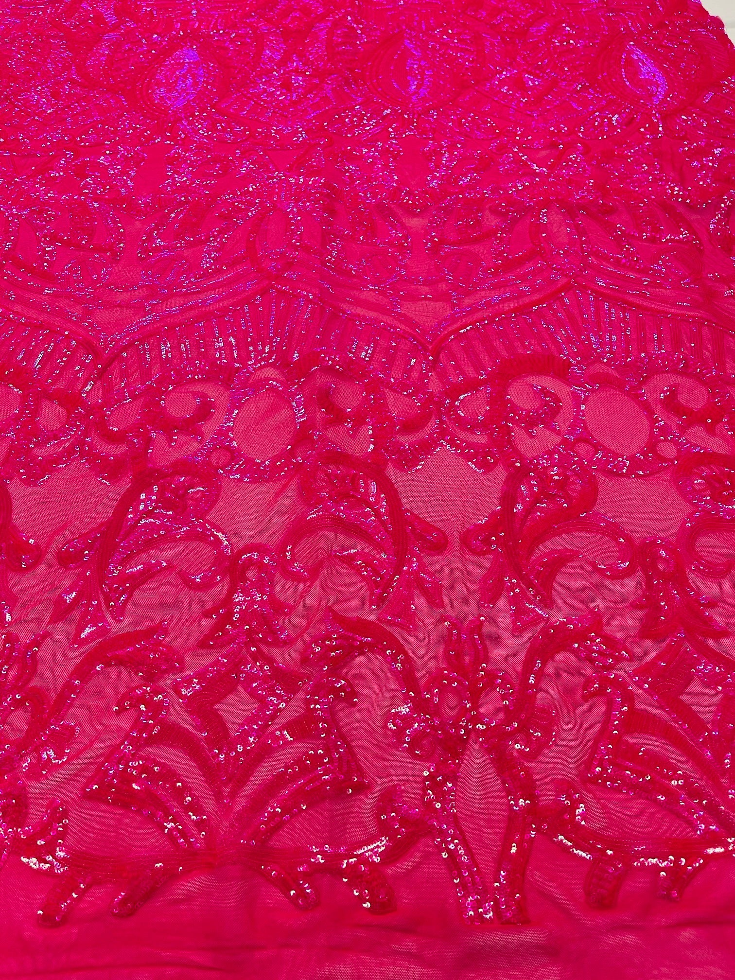Holographic Neon Pink Sequins - 4 Way Stretch Embroidered Royalty Sequins Fancy Design Fabric By Yard