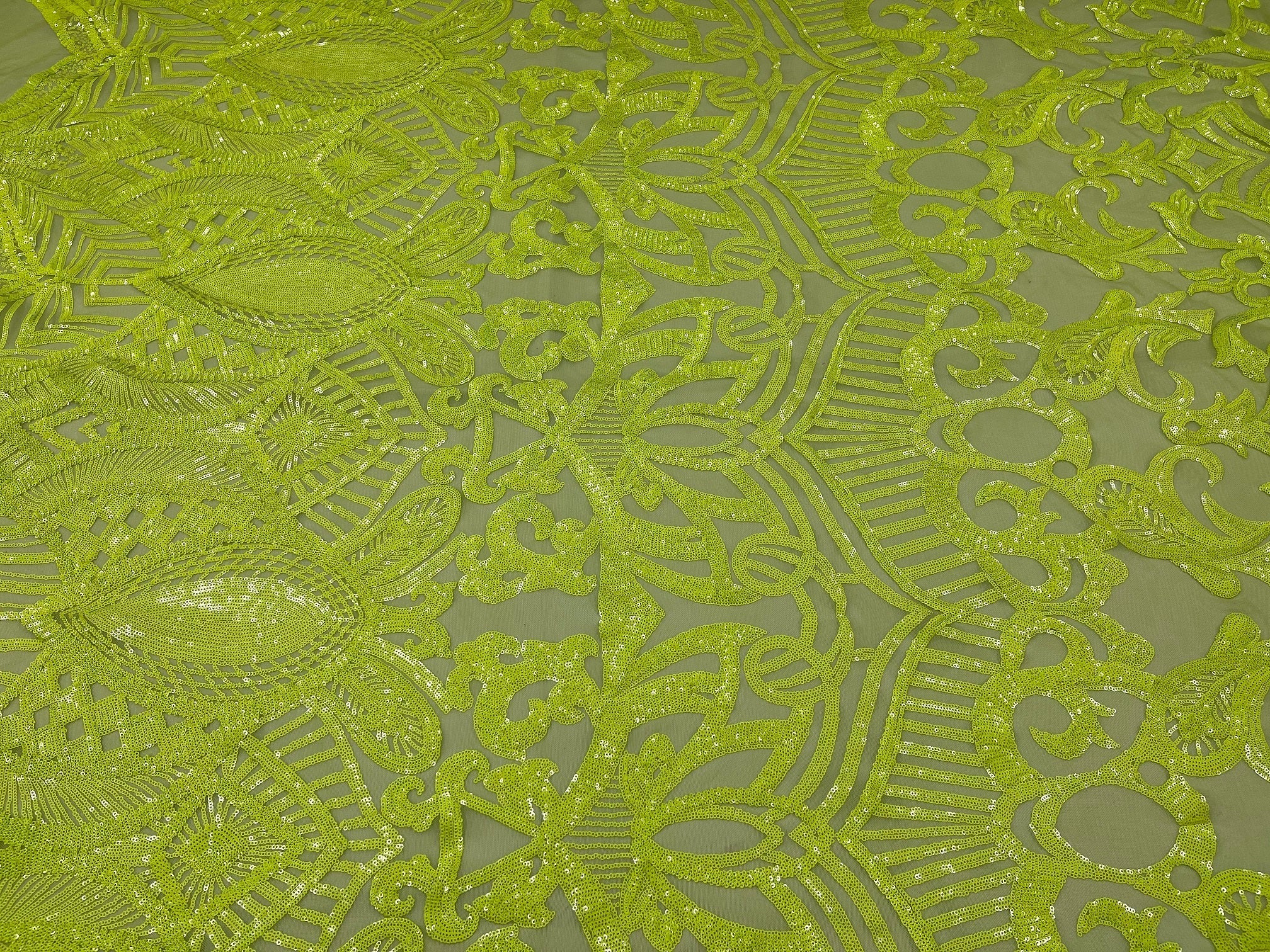Neon Green Sequins - 4 Way Stretch Embroidered Royalty Sequins Fancy Design Fabric By Yard