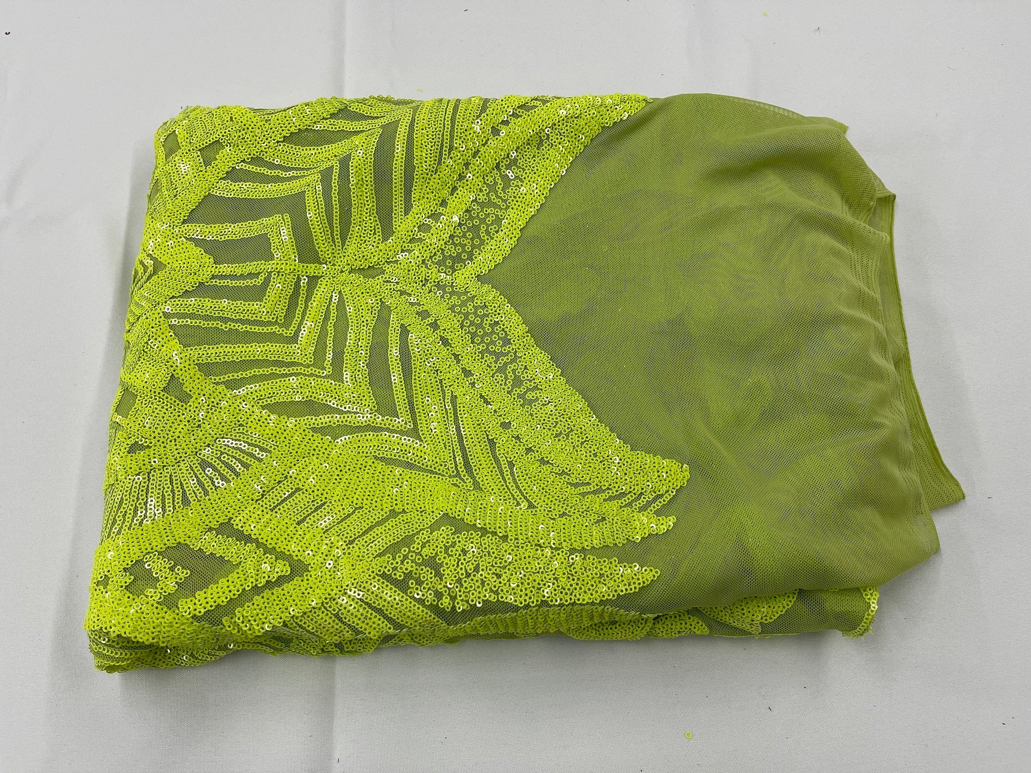 Neon Green Sequins - 4 Way Stretch Embroidered Royalty Sequins Fancy Design Fabric By Yard