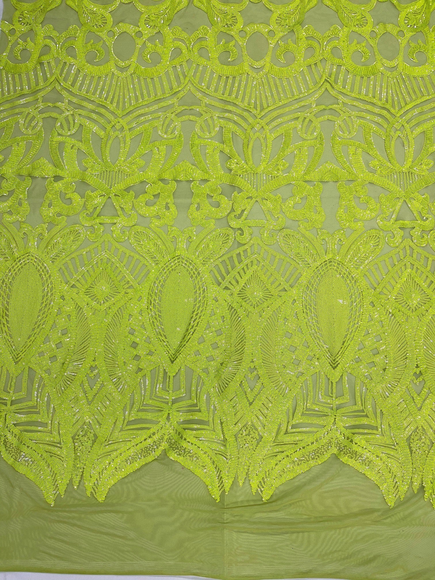 Neon Green Sequins - 4 Way Stretch Embroidered Royalty Sequins Fancy Design Fabric By Yard