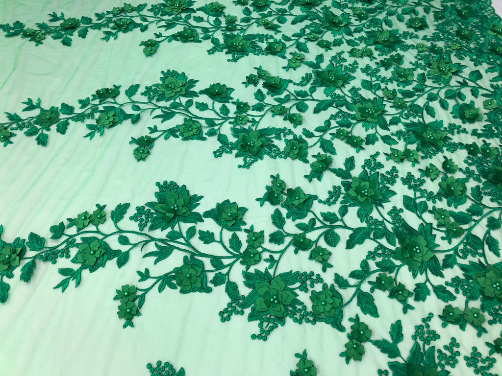Green 3D Floral Design Embroider With Pearls On A Mesh Lace Dresses-Prom-Nightgown By Yard
