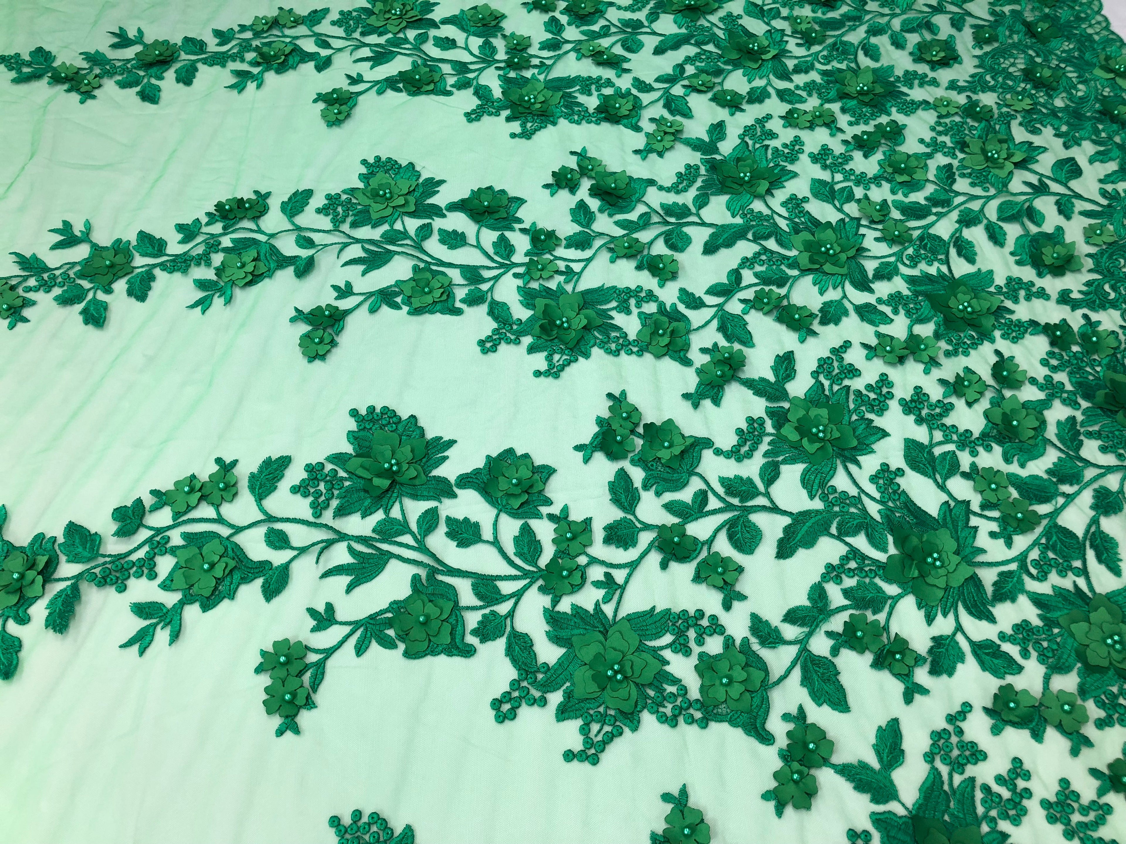 Green 3D Floral Design Embroider With Pearls On A Mesh Lace Dresses-Prom-Nightgown By Yard