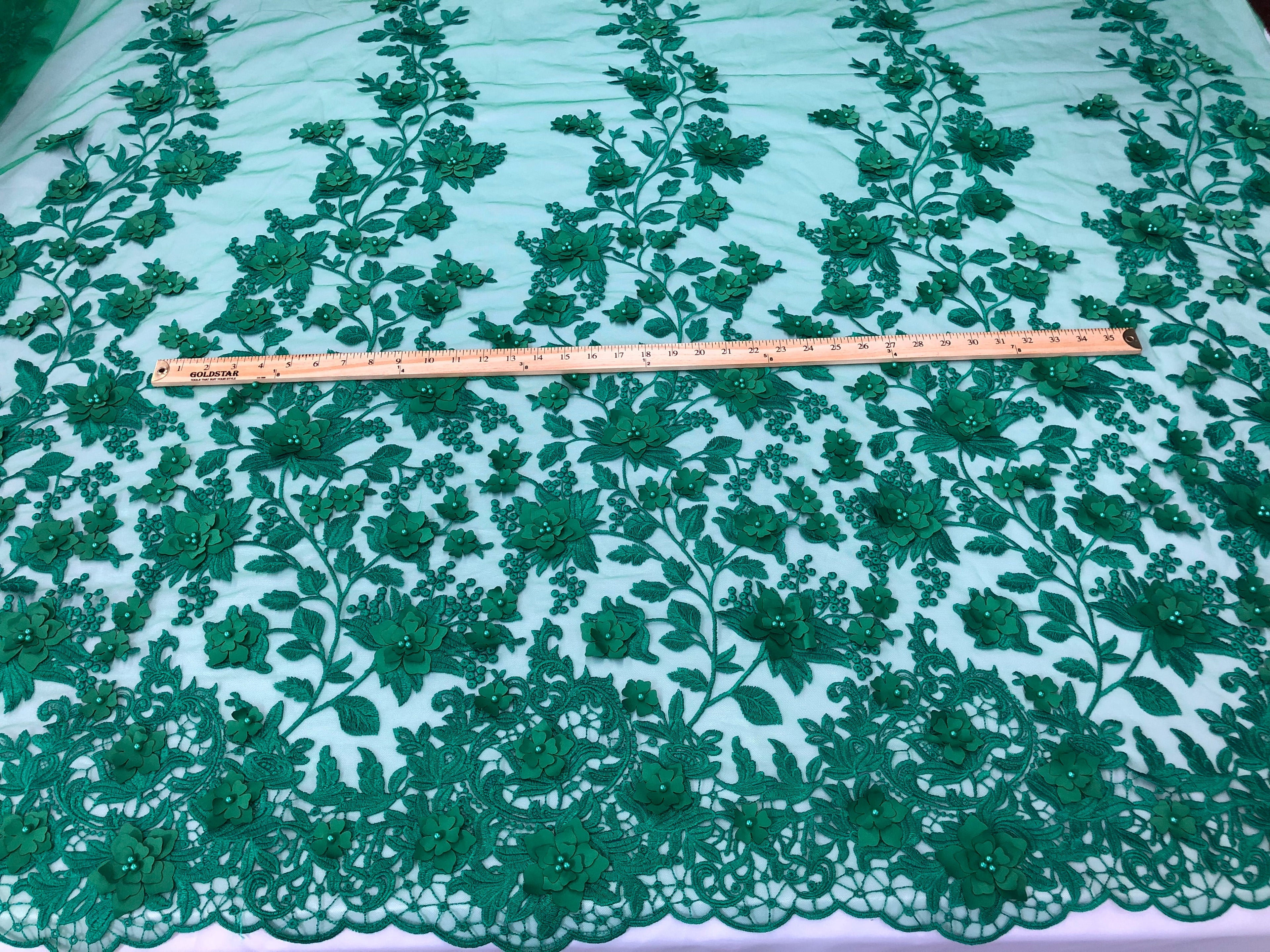 Green 3D Floral Design Embroider With Pearls On A Mesh Lace Dresses-Prom-Nightgown By Yard