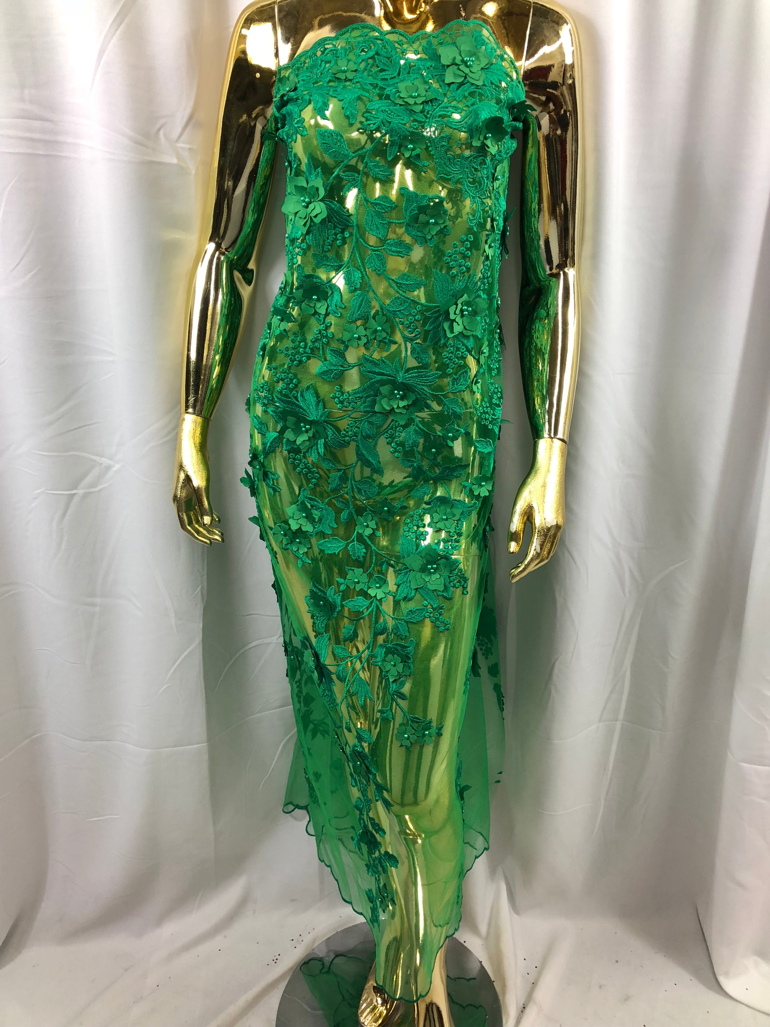Green 3D Floral Design Embroider With Pearls On A Mesh Lace Dresses-Prom-Nightgown By Yard