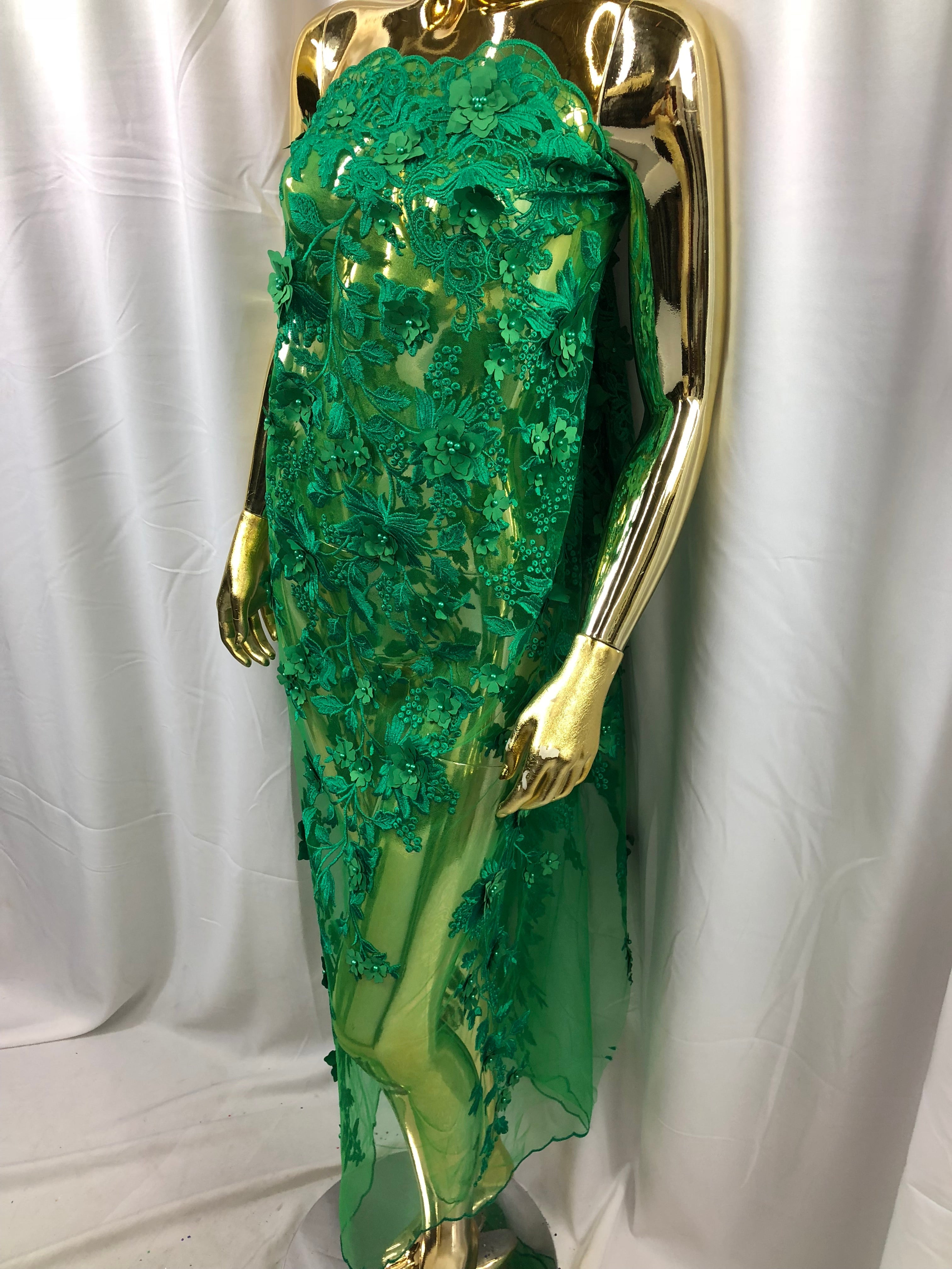 Green 3D Floral Design Embroider With Pearls On A Mesh Lace Dresses-Prom-Nightgown By Yard