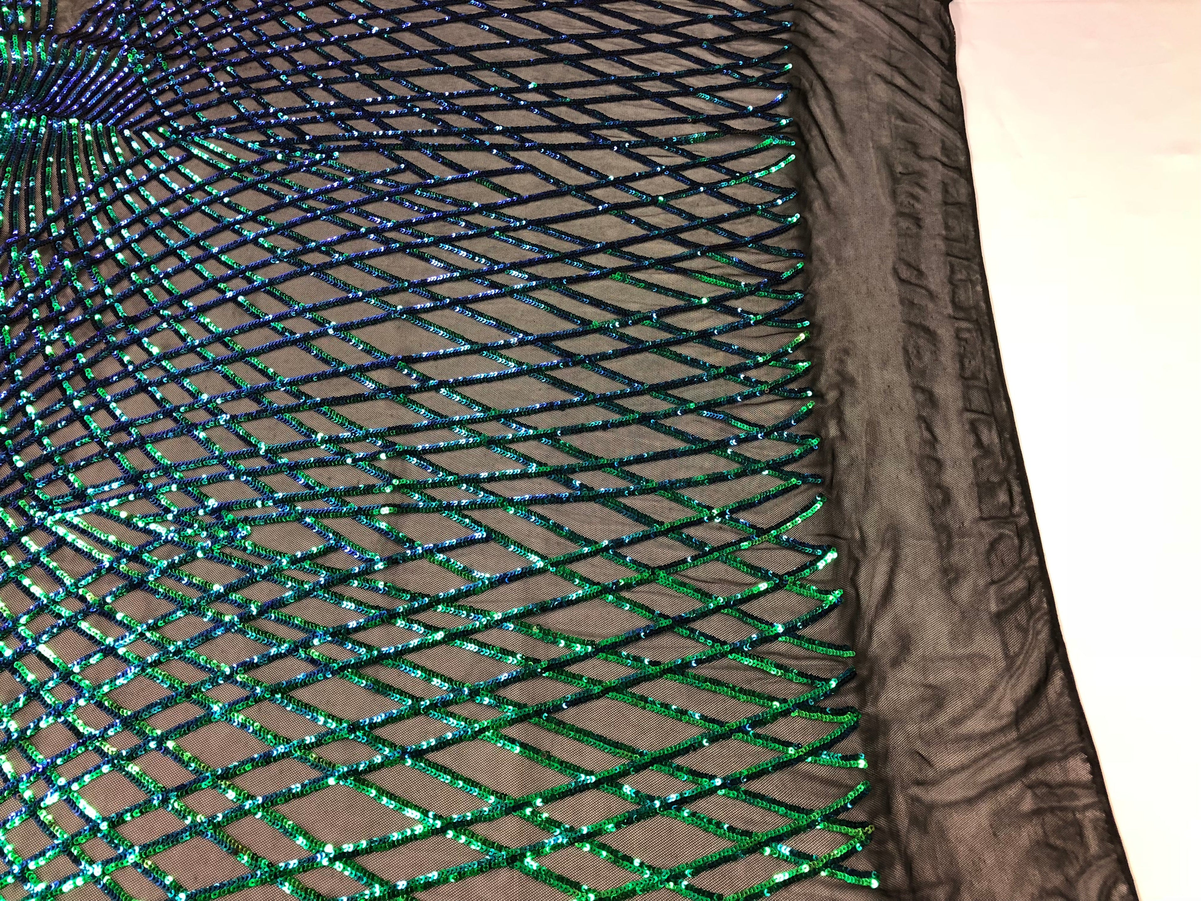 4 Way Stretch Sequins Geometric Fabric Iridescent Green Lace Fabric Dress-Fashion-Prom By The Yard