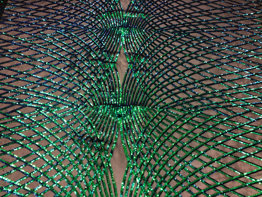 4 Way Stretch Sequins Geometric Fabric Iridescent Green Lace Fabric Dress-Fashion-Prom By The Yard