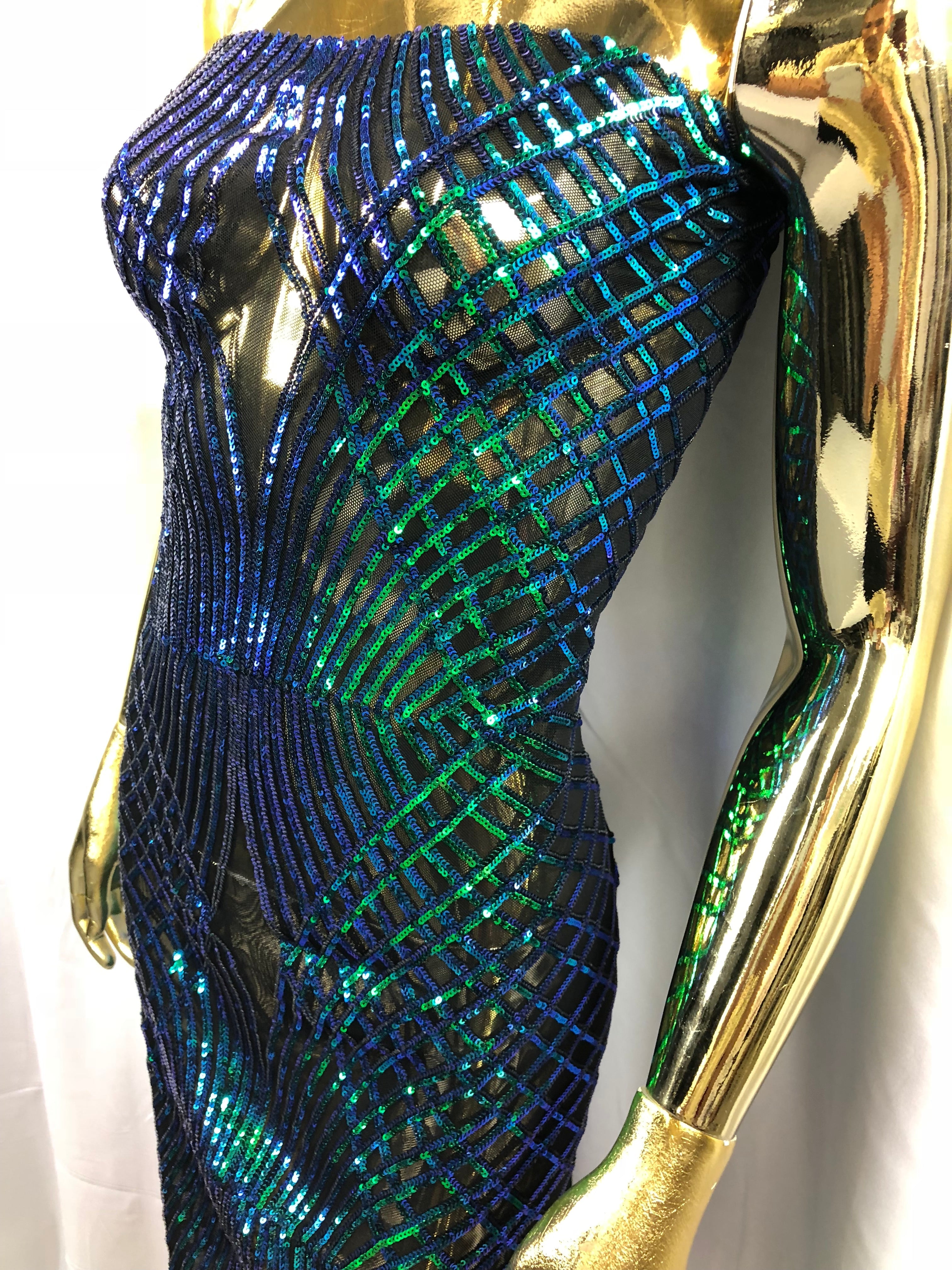 4 Way Stretch Sequins Geometric Fabric Iridescent Green Lace Fabric Dress-Fashion-Prom By The Yard
