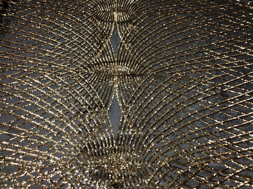 4 Way Stretch  Sequins Geometric Fabric - Black and Gold -  Lace Fabric Dress Fashion By The Yard