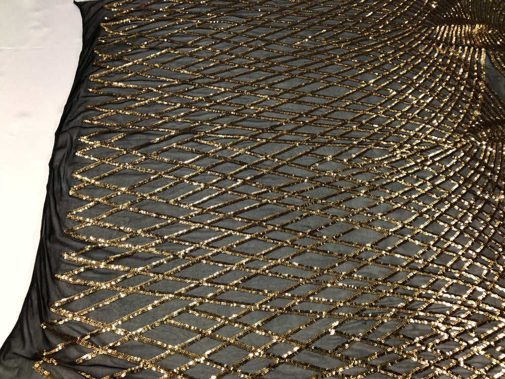4 Way Stretch  Sequins Geometric Fabric - Black and Gold -  Lace Fabric Dress Fashion By The Yard