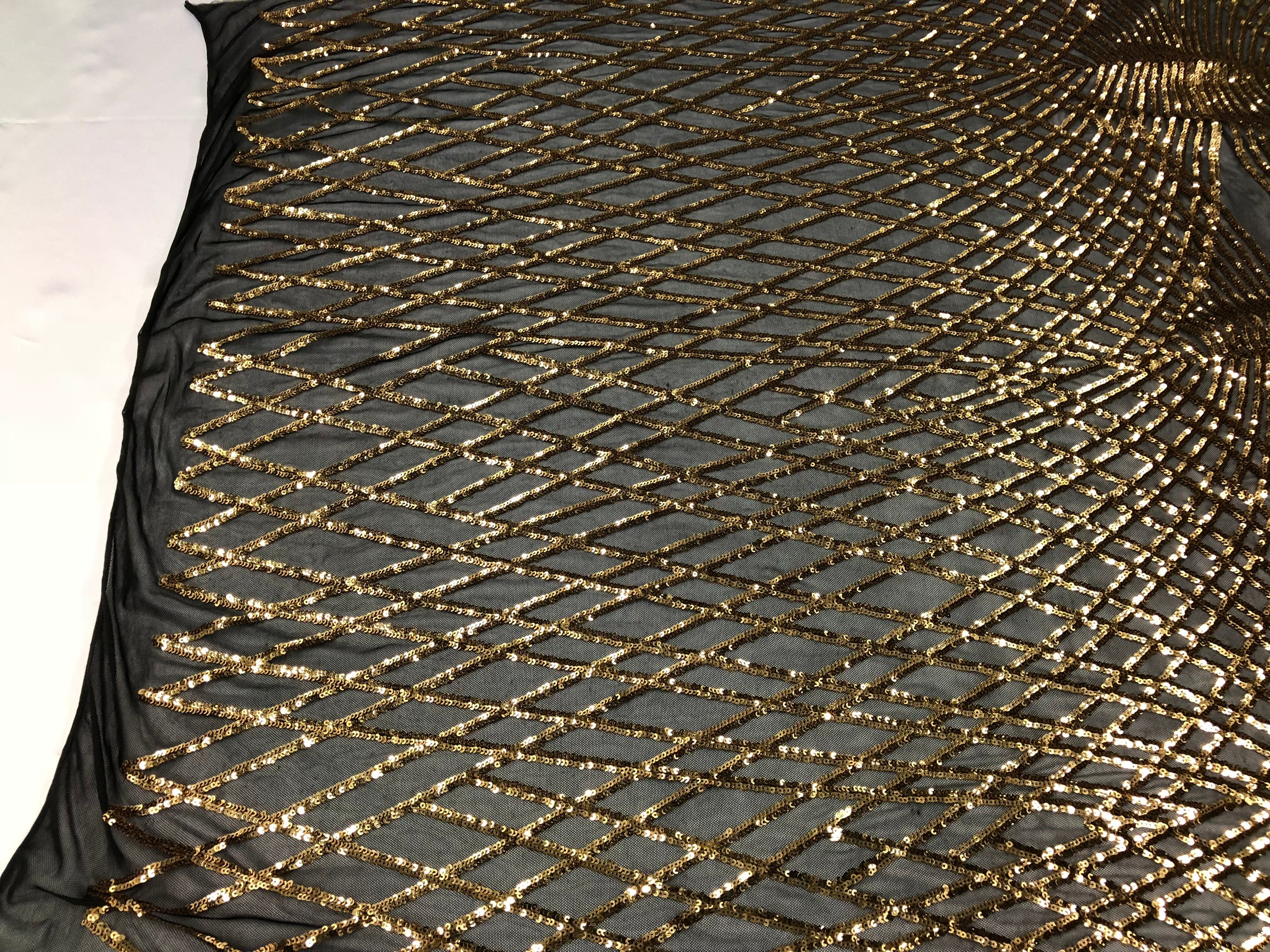 4 Way Stretch  Sequins Geometric Fabric - Black and Gold -  Lace Fabric Dress Fashion By The Yard
