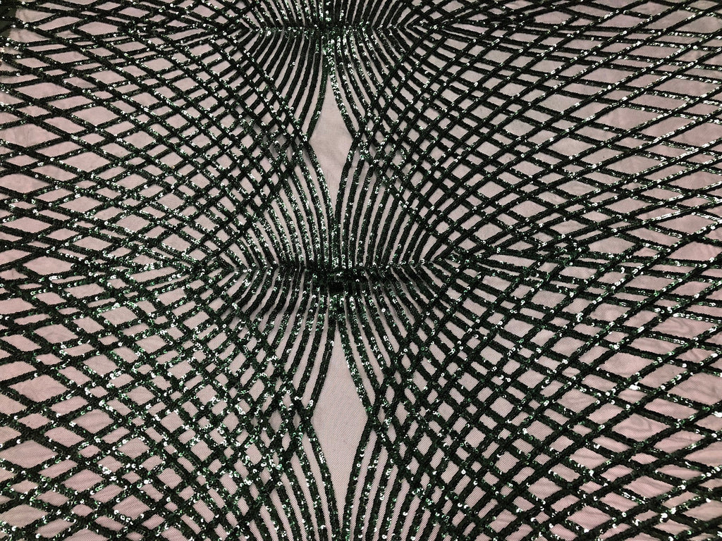 4 Way Stretch  Sequins Geometric Fabric Hunter Green Lace Mesh Dress Fashion By The Yard