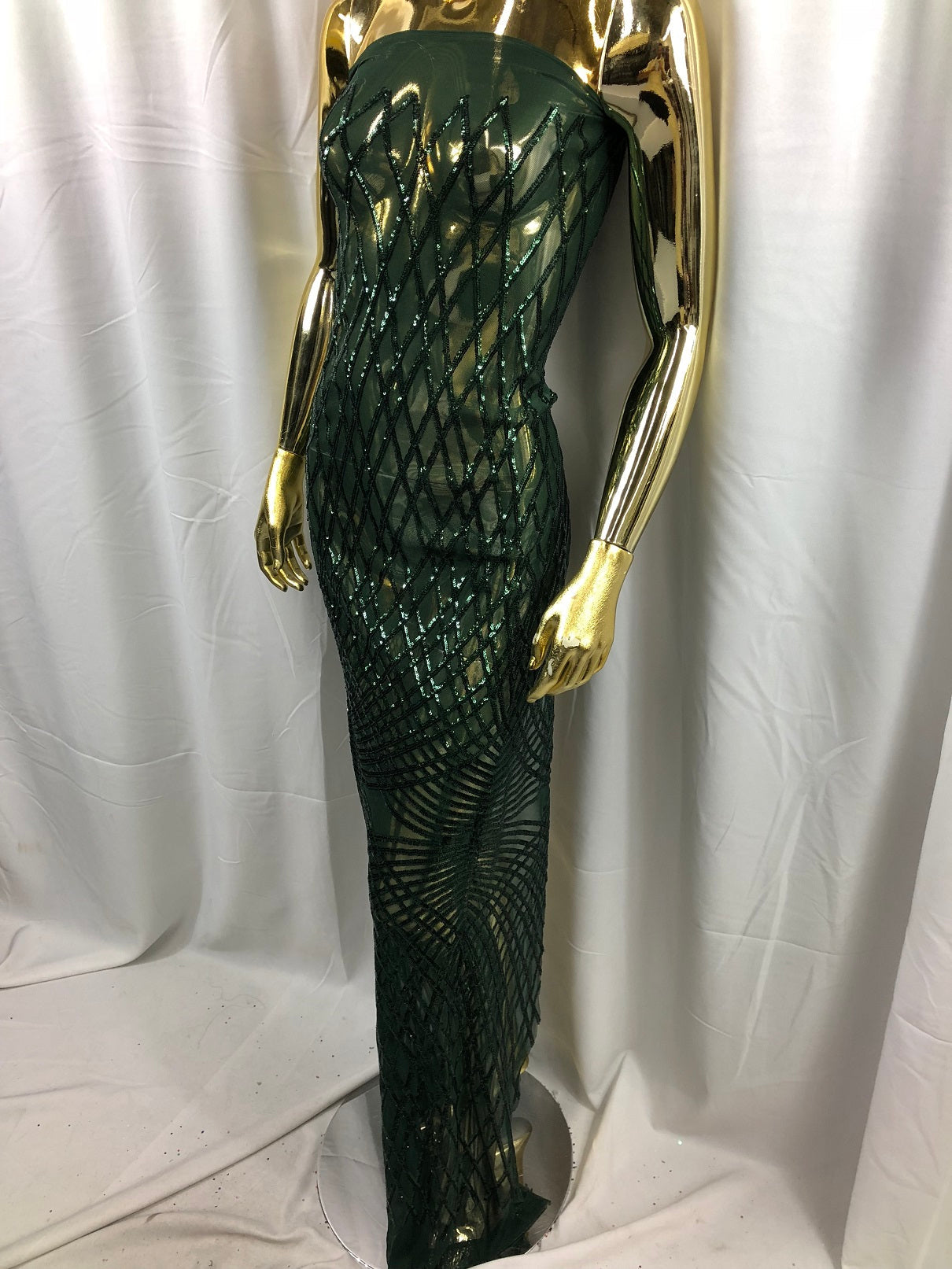 4 Way Stretch  Sequins Geometric Fabric Hunter Green Lace Mesh Dress Fashion By The Yard