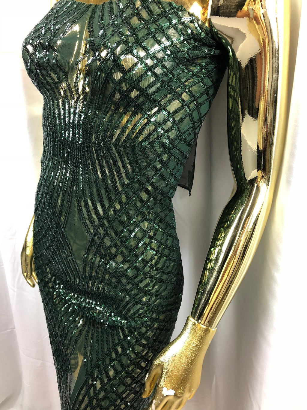 4 Way Stretch  Sequins Geometric Fabric Hunter Green Lace Mesh Dress Fashion By The Yard