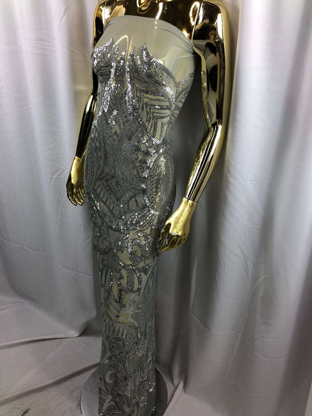 Silver on Black Mesh - 4 Way Stretch Embroidered Royalty Sequins Design Fabric By Yard