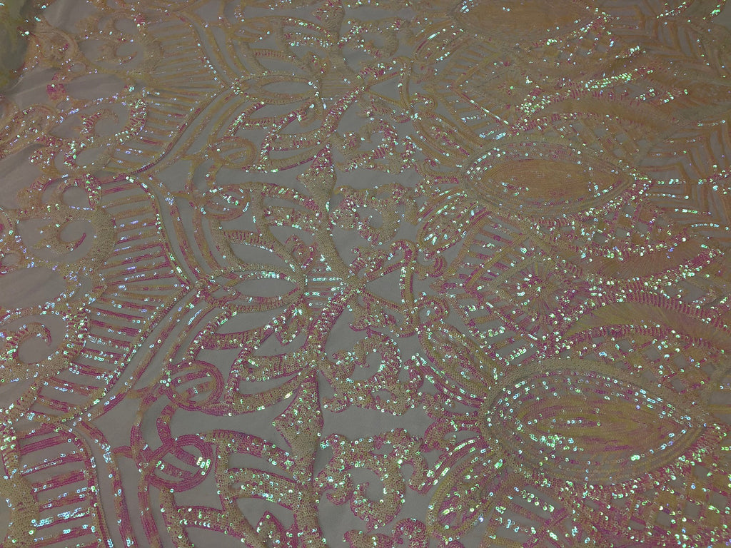 Iridescent White Pink  - 4 Way Stretch Embroidered Royalty Sequins Fancy Design Fabric By Yard