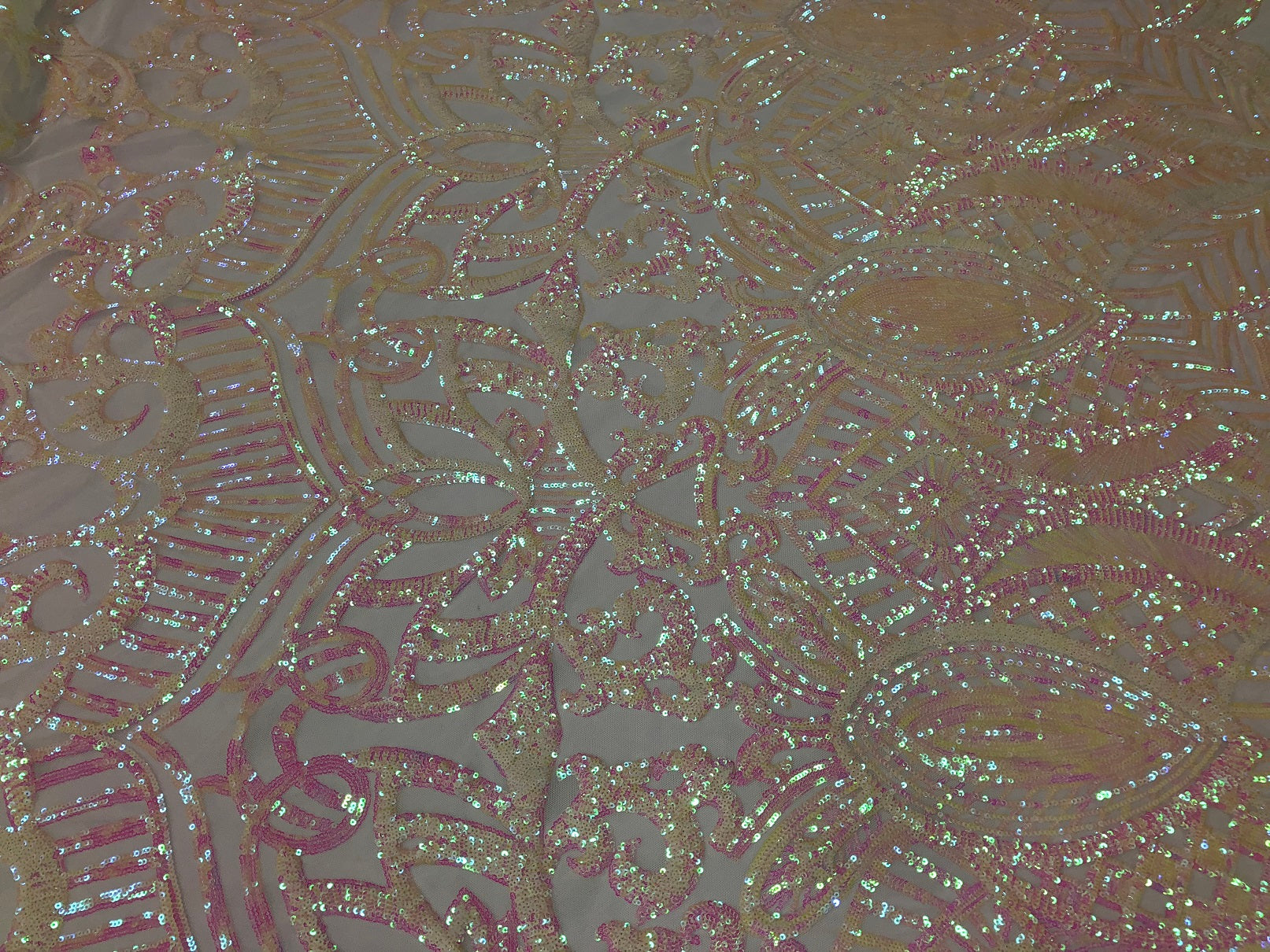 Iridescent White Pink  - 4 Way Stretch Embroidered Royalty Sequins Fancy Design Fabric By Yard