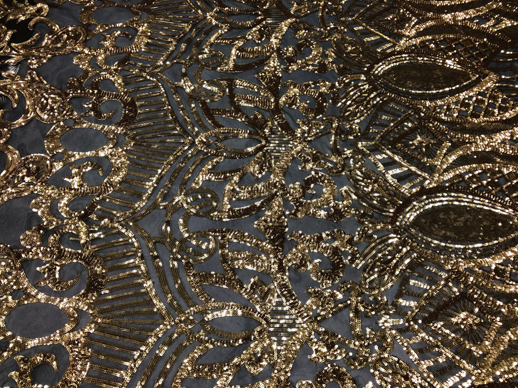Gold on Black Sequin - 4 Way Stretch Embroidered Royalty Sequins Fancy Design Fabric By Yard