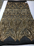 Gold on Black Sequin - 4 Way Stretch Embroidered Royalty Sequins Fancy Design Fabric By Yard