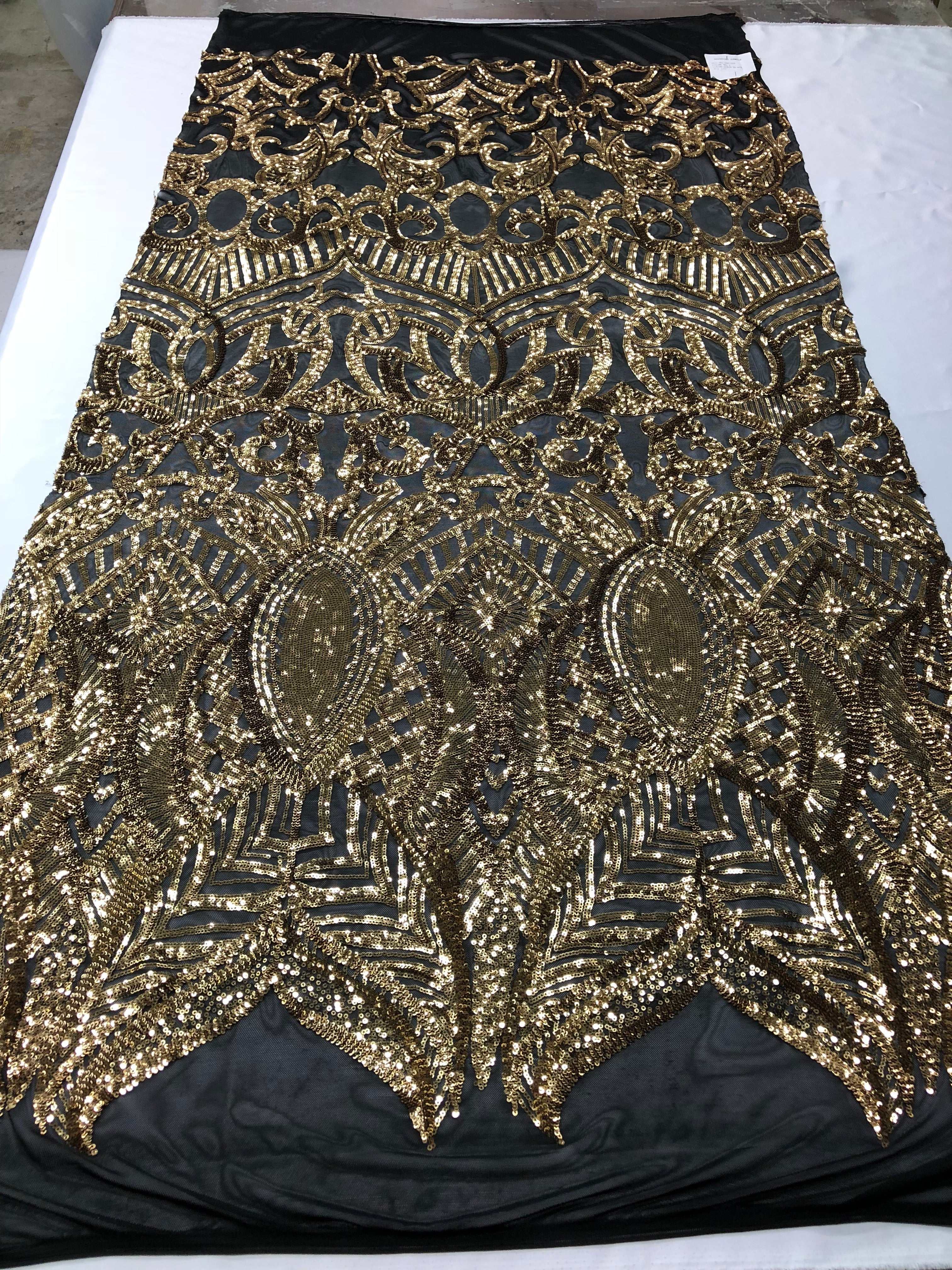 Gold on Black Sequin - 4 Way Stretch Embroidered Royalty Sequins Fancy Design Fabric By Yard