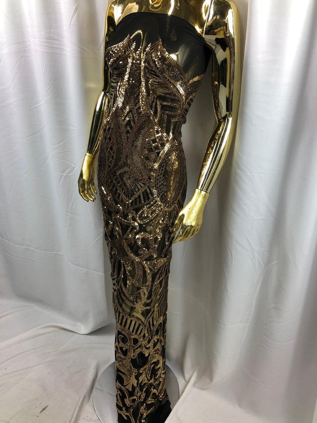 Gold on Black Sequin - 4 Way Stretch Embroidered Royalty Sequins Fancy Design Fabric By Yard