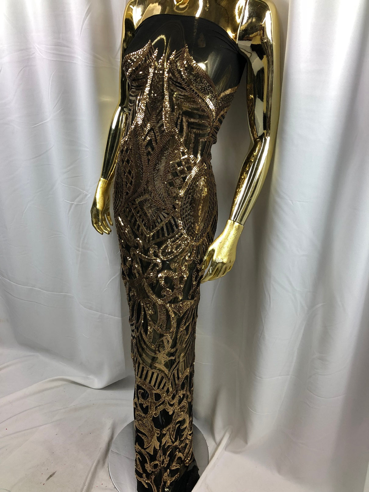 Gold on Black Sequin - 4 Way Stretch Embroidered Royalty Sequins Fancy Design Fabric By Yard